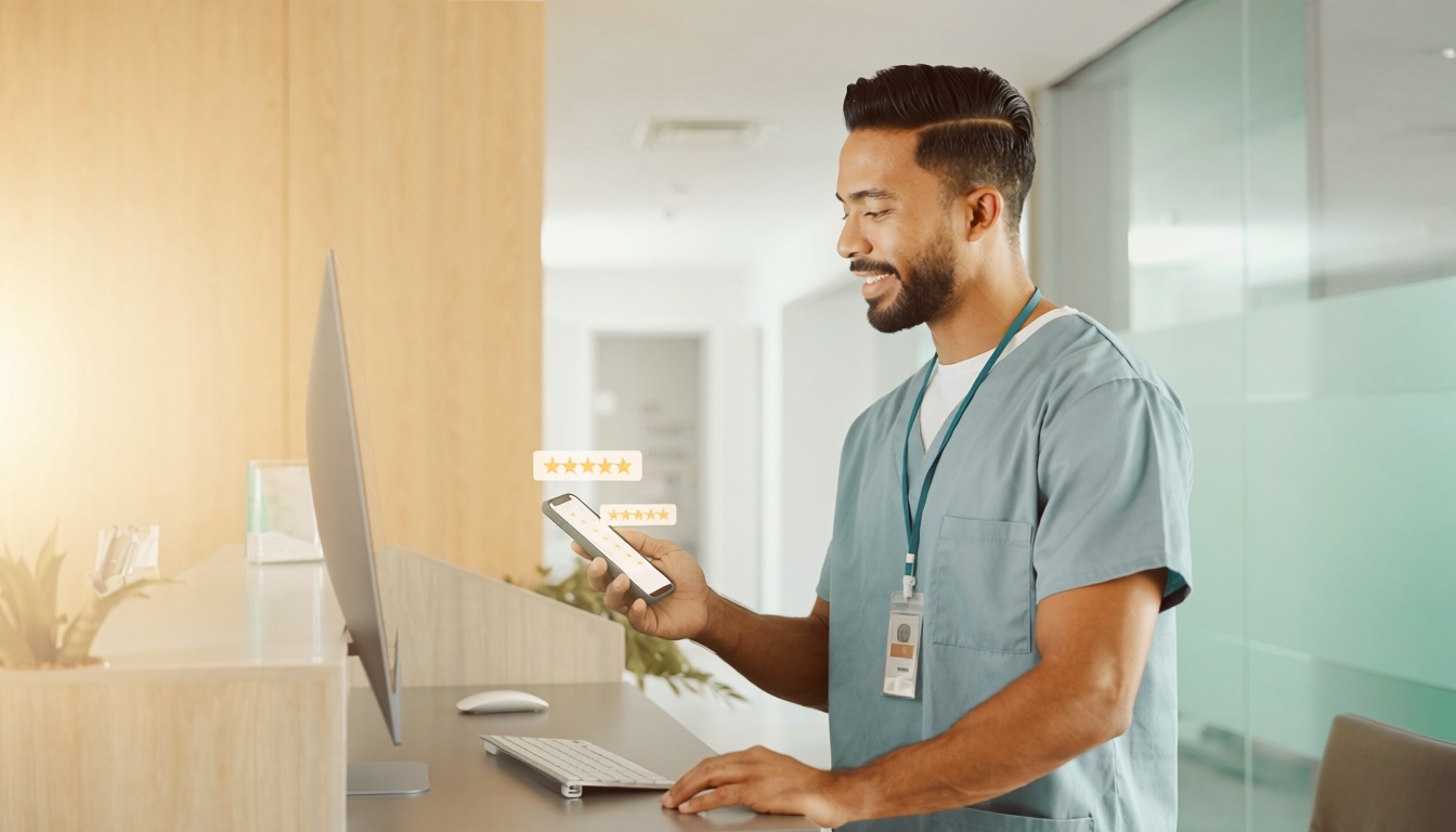 Dentista acompanhando avaliações de pacientes e reputação digital do consultório