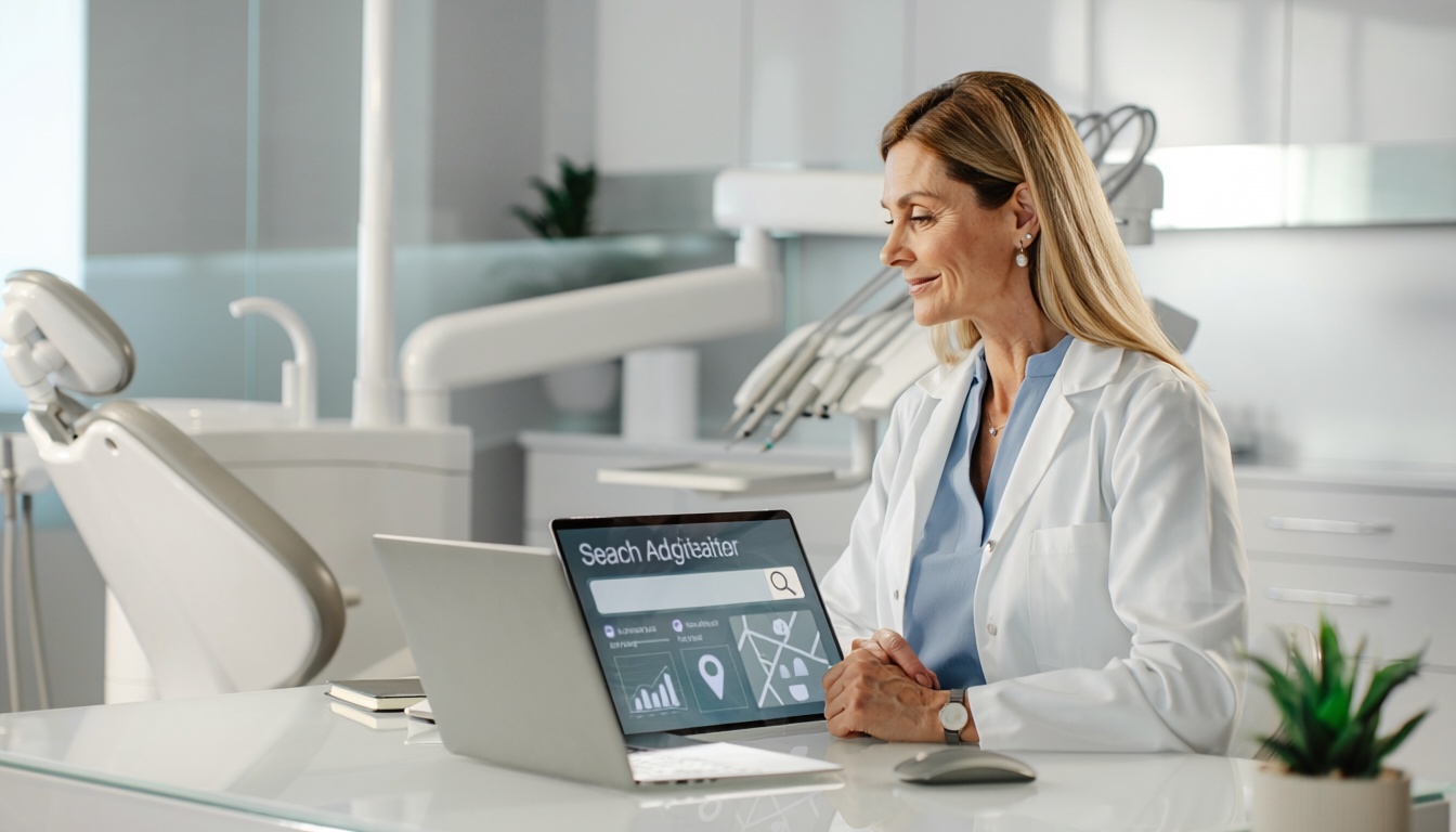 Dentista analisando campanha de Google Ads para atrair pacientes ao consultório