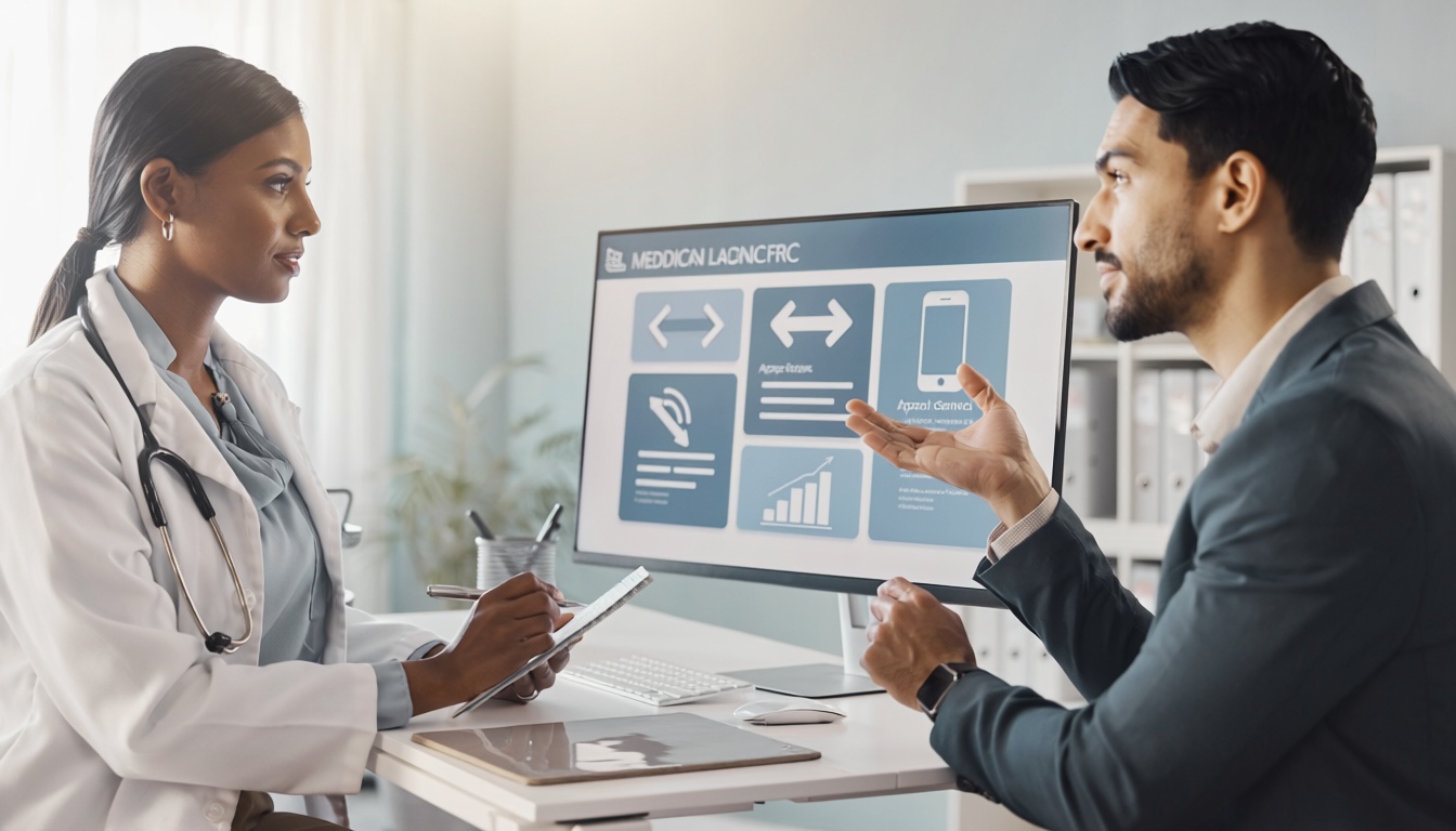 Médico e estrategista analisando uma landing page para aumentar agendamentos