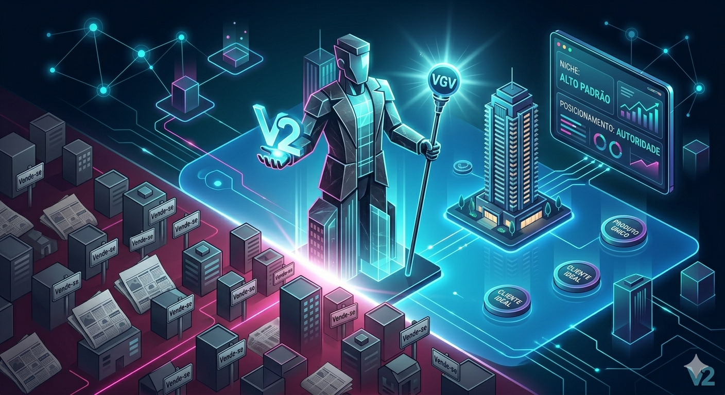 Ilustração 3D isométrica em estilo Dark SaaS e neon, representando a Engenharia de Vendas da V2 criando um Oceano Azul de autoridade e alto padrão, superando o mercado comum desorganizado