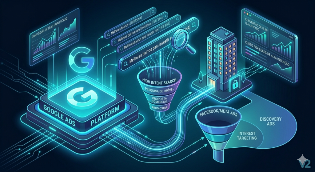 Diagrama técnico isométrico em estilo Dark SaaS e neon, ilustrando o fluxo de tráfego pago de alta intenção do Google Ads para uma busca imobiliária em Teresina, mostrando a conversão de leads qualificados