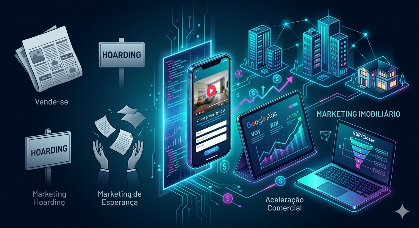 Infográfico comparativo entre o marketing imobiliário tradicional e a aceleração comercial digital de 2026, com estética Dark SaaS, neon azul e elementos de tráfego pago, VGV e ROI
