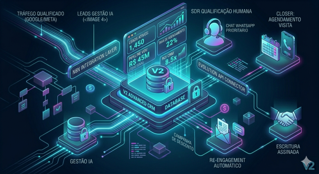 Diagrama técnico isométrico em estilo Dark SaaS e neon, ilustrando o fluxo de gestão de leads em um CRM avançado, com integrações n8n, Evolution API e automações de re-engajamento