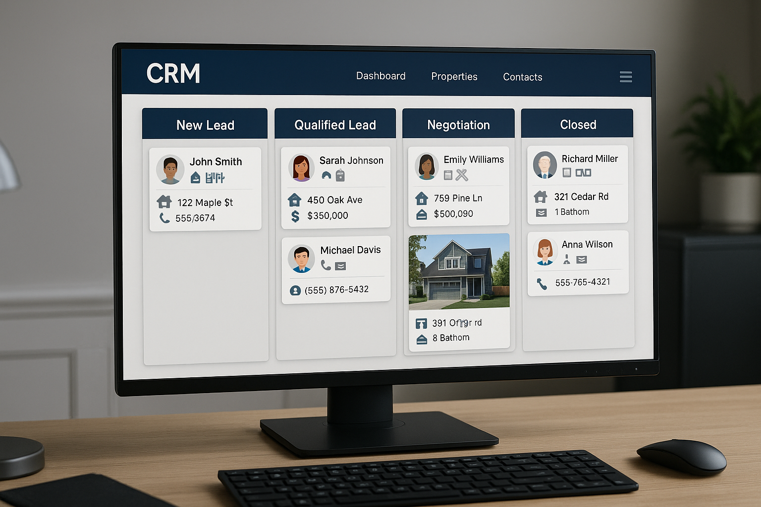 Tela de CRM com leads imobiliários organizados em colunas como Novo Lead, Lead Qualificado, Negociação e Fechado
