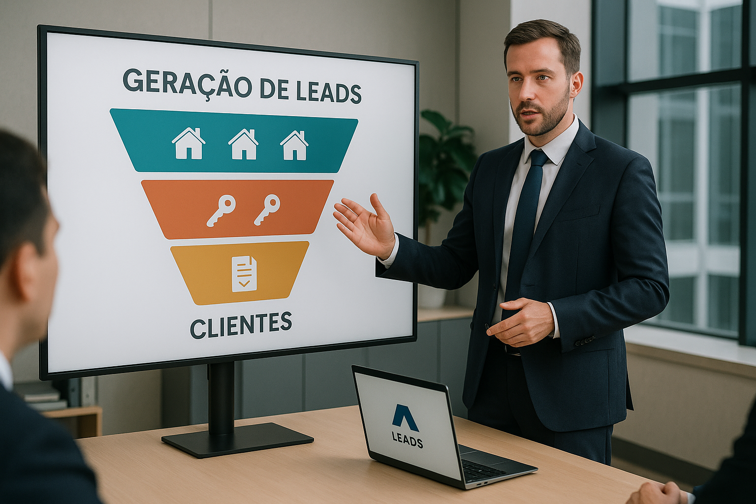 Profissional apresentando funil de geração de leads imobiliários em uma tela com etapas: casas, chaves e documentos