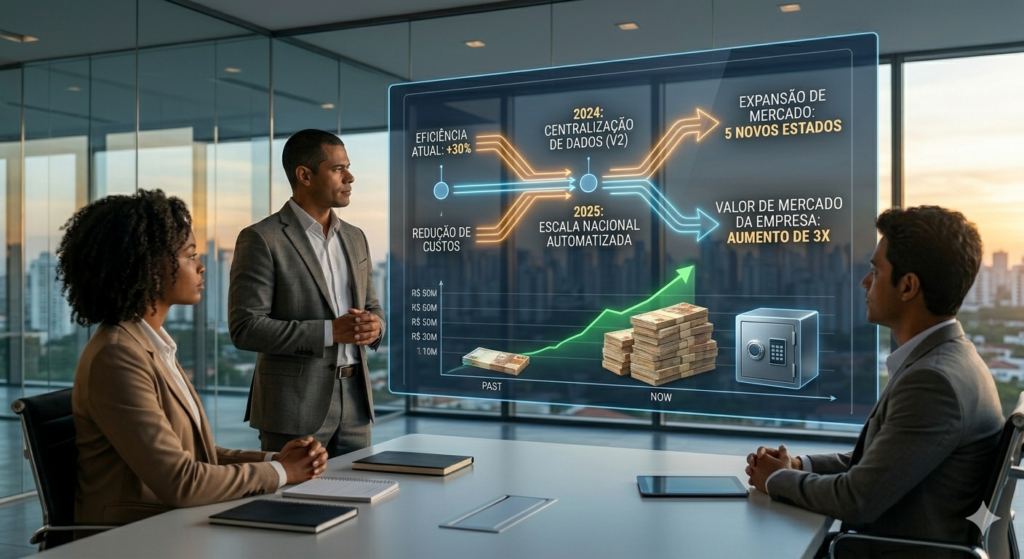 Empresário e sócios em reunião estratégica diante de uma tela digital que projeta a escala da imobiliária para novos estados, exibindo gráficos de crescimento de VGV, redução de custos e aumento de valor de mercado da empresa, com skyline urbano nacional ao fundo
