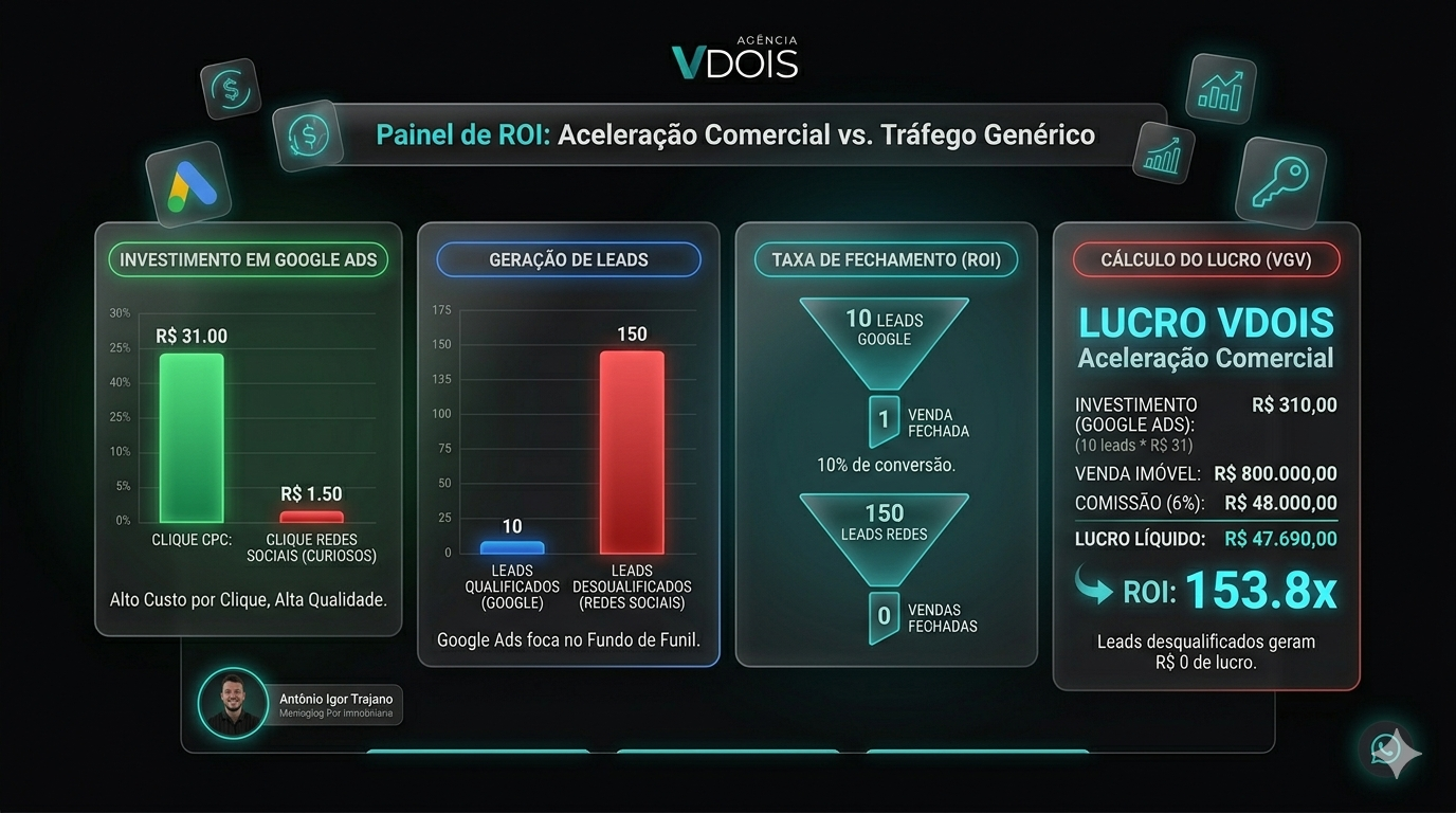 Gráfico de ROI imobiliário comparando investimento em tráfego pago e retorno sobre VGV
