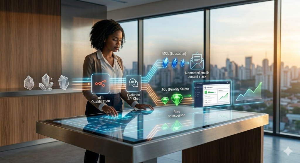 Representação visual de Engenharia de Vendas: mulher gerenciando interface digital moderna onde leads brutos são transformados em MQL (educação) e SQL (vendas prioritárias) através de módulos de automação, com skyline urbano genérico ao fundo