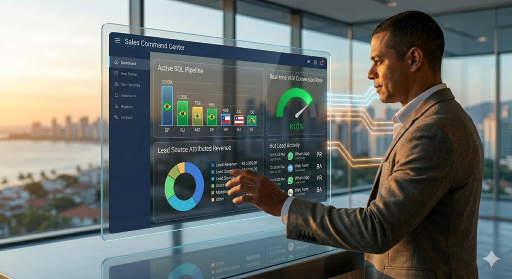 Empresário imobiliário operando dashboard de comando em tela de vidro, exibindo métricas de pipeline de SQL por estados brasileiros, taxa de conversão de VGV em tempo real e origem de leads, com vista urbana nacional ao fundo.