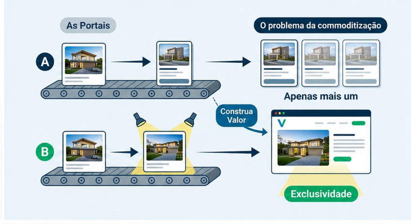 Infográfico comparando o funil de vendas commoditizado dos portais vs. o funil de exclusividade da Agência Vdois