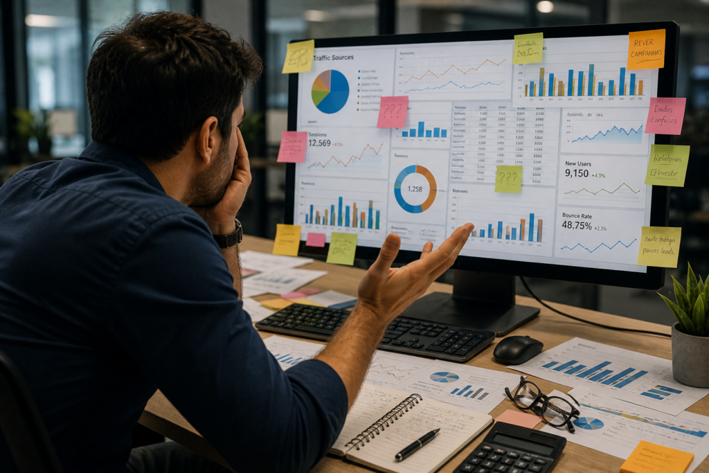 Pessoa analisando dados confusos de marketing imobiliário em múltiplos gráficos na tela