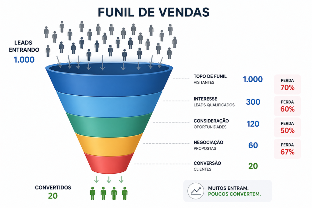 Funil de vendas com muitos leads entrando e poucos convertendo, mostrando perda ao longo do processo