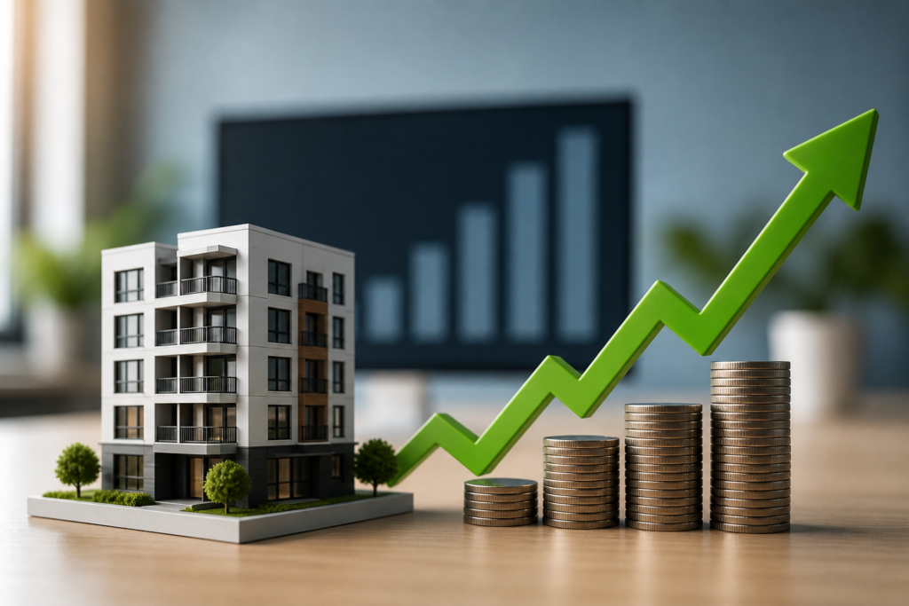 Exemplo de ROI no marketing imobiliário com crescimento de investimento e retorno em vendas