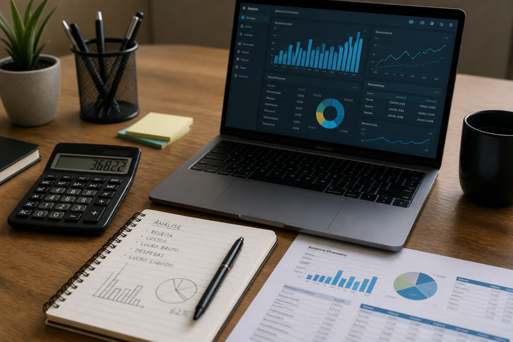 Mesa de trabalho com laptop exibindo gráficos financeiros, calculadora e anotações, representando análise de dados e performance