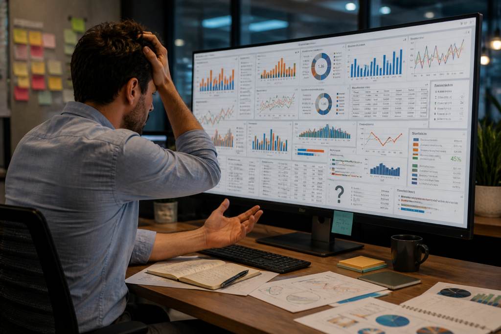 Pessoa analisando múltiplos gráficos confusos em tela, com expressão de dúvida, representando excesso de dados e dificuldade na tomada de decisão