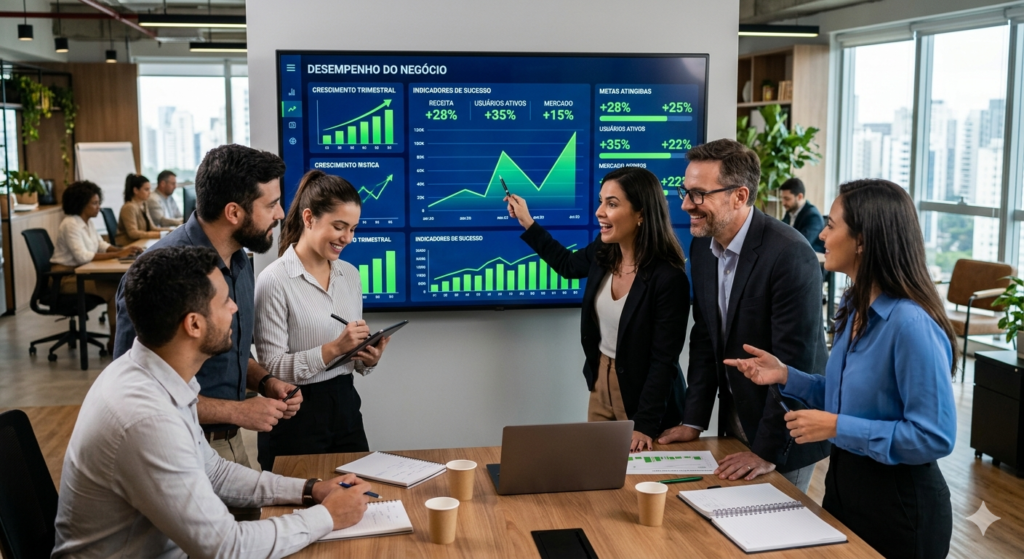Equipe de profissionais em uma sala de reunião moderna analisando um dashboard de crescimento em uma tela grande com gráficos de barras e linhas ascendentes verdes