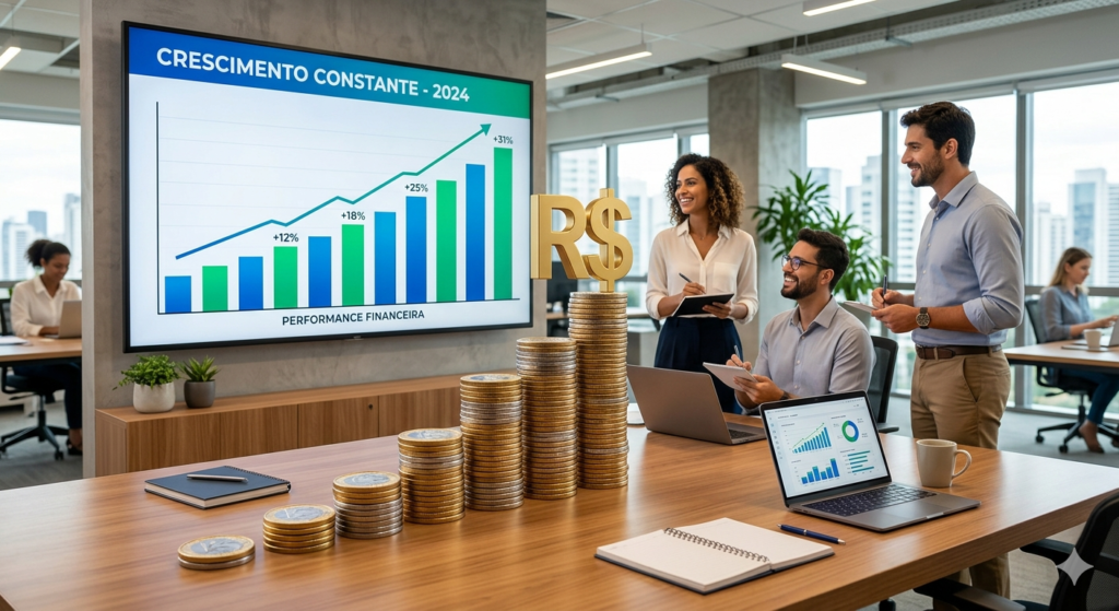 Gráfico de barras ascendente em uma tela de TV ao fundo e pilhas de moedas de Real em primeiro plano crescendo sobre uma mesa de escritório, simbolizando progresso financeiro e eficiência.