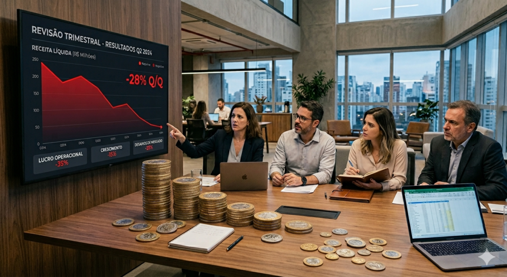 Quatro executivos em uma sala de reunião moderna analisando um gráfico vermelho descendente em uma tela de TV que mostra uma queda de -28% na receita líquida. Na mesa de madeira, há pilhas de moedas, notebooks e um laptop aberto com uma planilha.