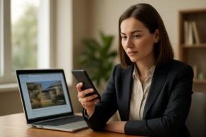 Corretor atendendo lead imobiliário no smartphone e laptop, ambiente de escritório moderno