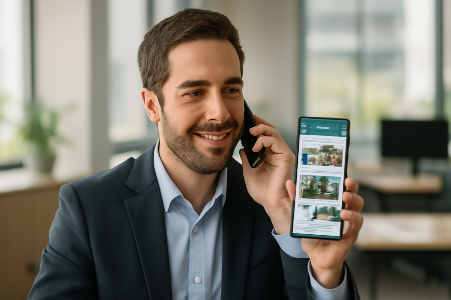 Corretor fazendo follow-up via chamada e WhatsApp com imagens de imóveis