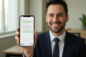 Corretor de imóveis segurando smartphone com conversa no WhatsApp sobre visita a imóvel