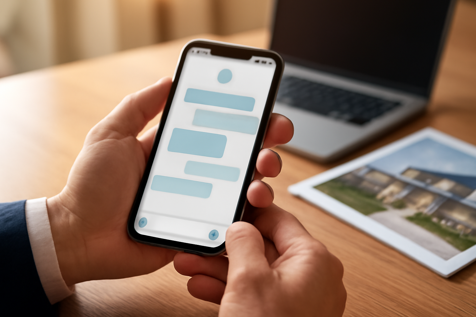 Corretor segurando smartphone com conversa de WhatsApp sobre imóvel