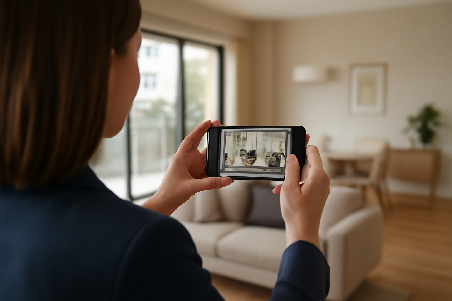 Corretor enviando imagens de imóvel pelo smartphone para cliente via WhatsApp
