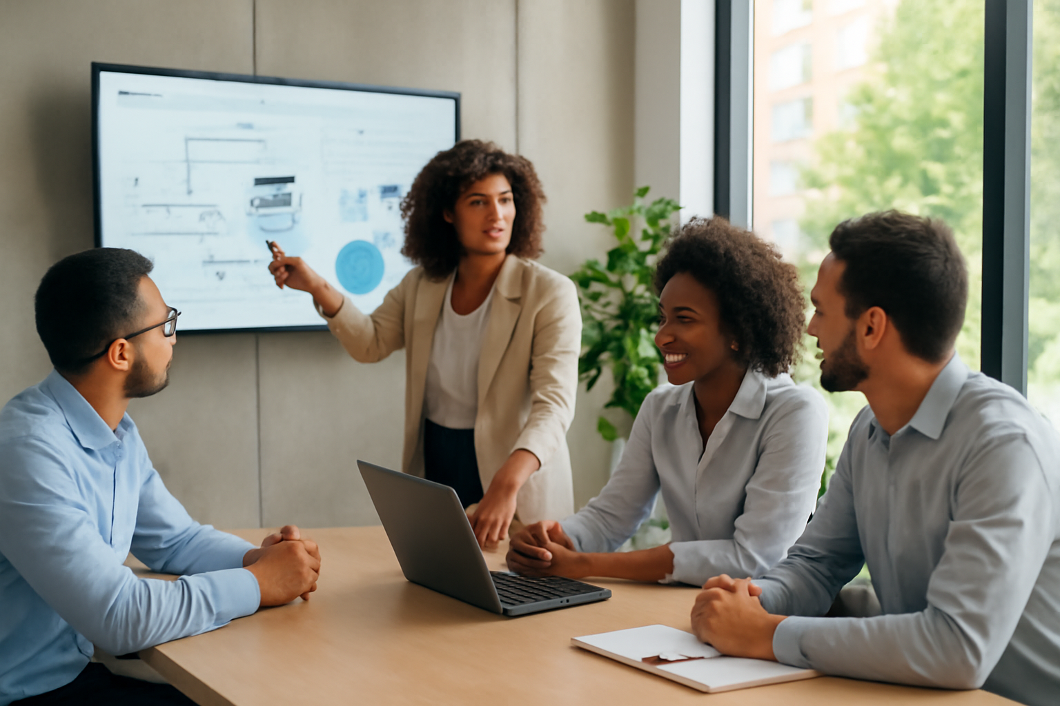 Equipe de vendas de imobiliária em reunião com telas mostrando fluxos e métricas
