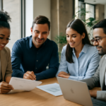 Equipe de marketing imobiliário revisando checklist de lançamento em escritório moderno