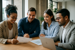 Equipe de marketing imobiliário revisando checklist de lançamento em escritório moderno