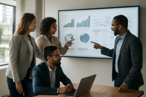 Equipe de marketing imobiliário analisando campanhas digitais em tela grande