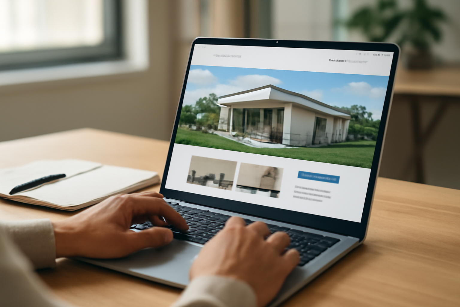 Designer revisando uma landing page imobiliária em laptop