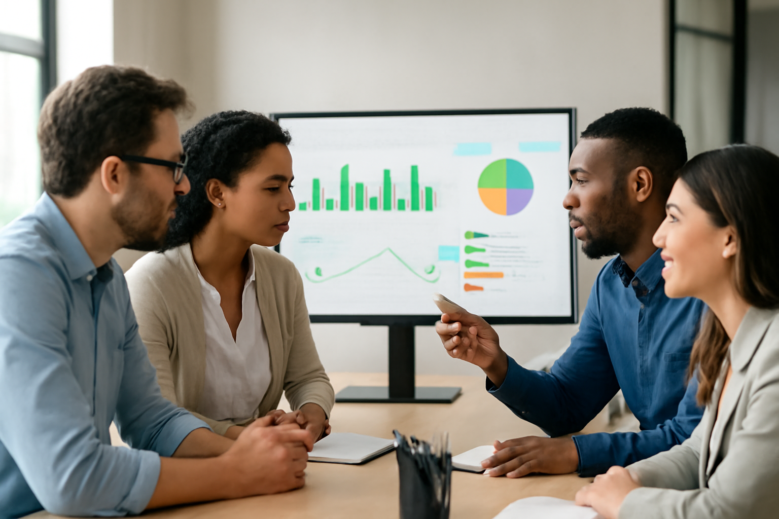 Equipe imobiliária analisando CRM em monitor com métricas de leads