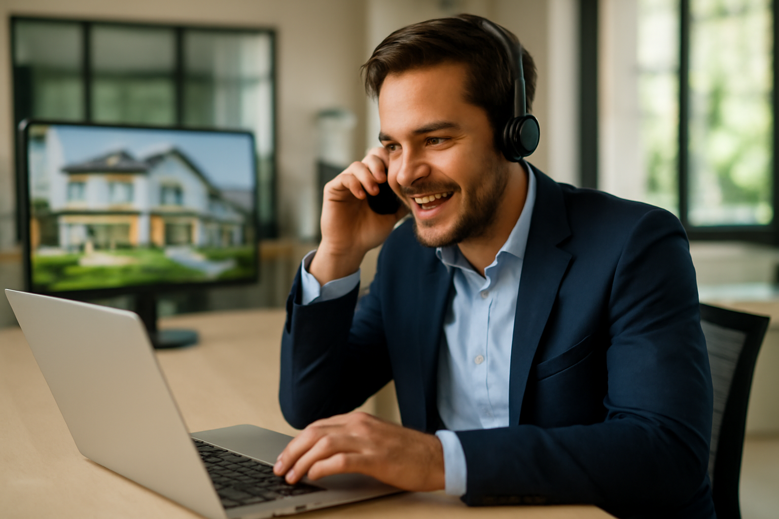 Consultor imobiliário fazendo atendimento rápido por telefone e computador