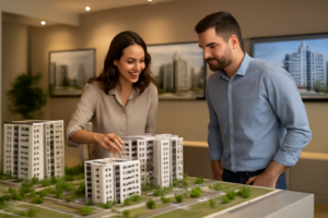 Fachada de empreendimento em maquete eletrônica com pessoas observando o projeto