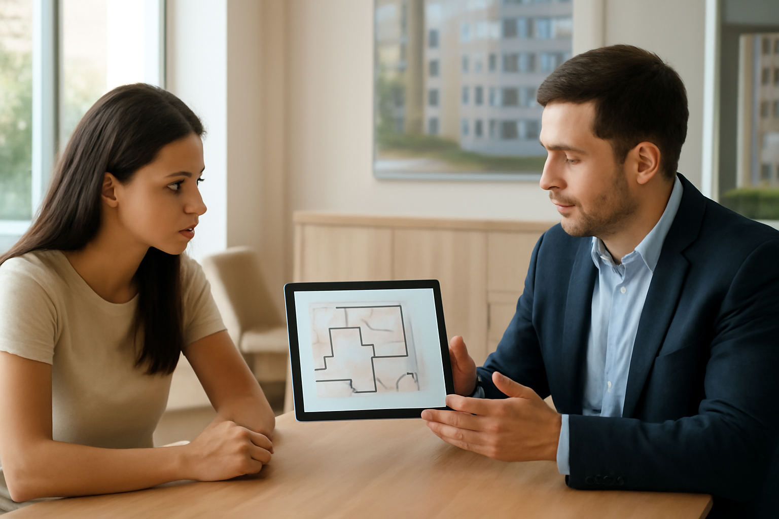 Consultor mostrando maquete em tablet para casal interessado