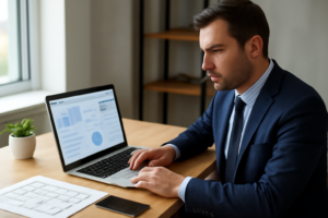 Corretor de imóveis trabalhando em laptop com dashboard de CRM aberto, mesa com planta baixa e smartphone ao lado