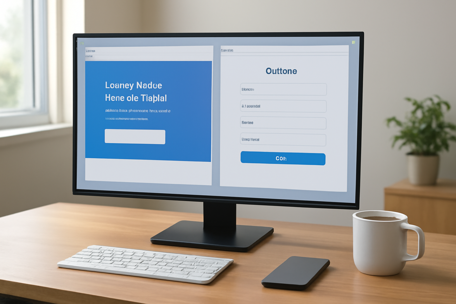 Tela de computador exibindo integração entre landing page e CRM, com smartphone e café ao lado