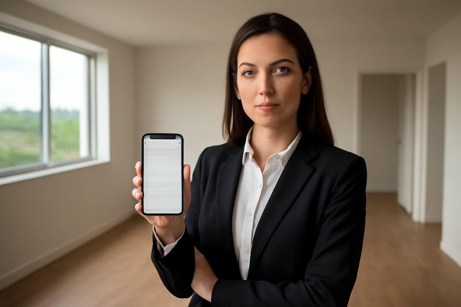 Corretora usando aplicativo de CRM no celular durante visita a imóvel