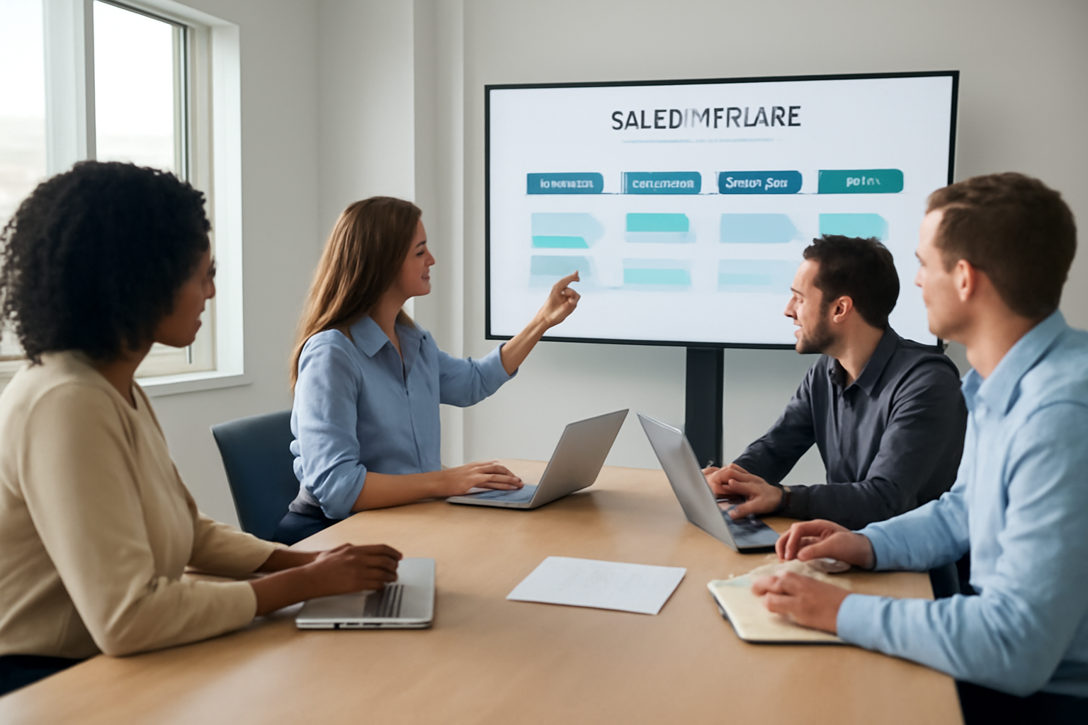 Equipe reunida em sala de reunião durante onboarding de CRM, tela com pipeline em segundo plano