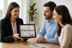 Corretor mostrando tablet com fotos de apartamentos para um casal em um escritório moderno