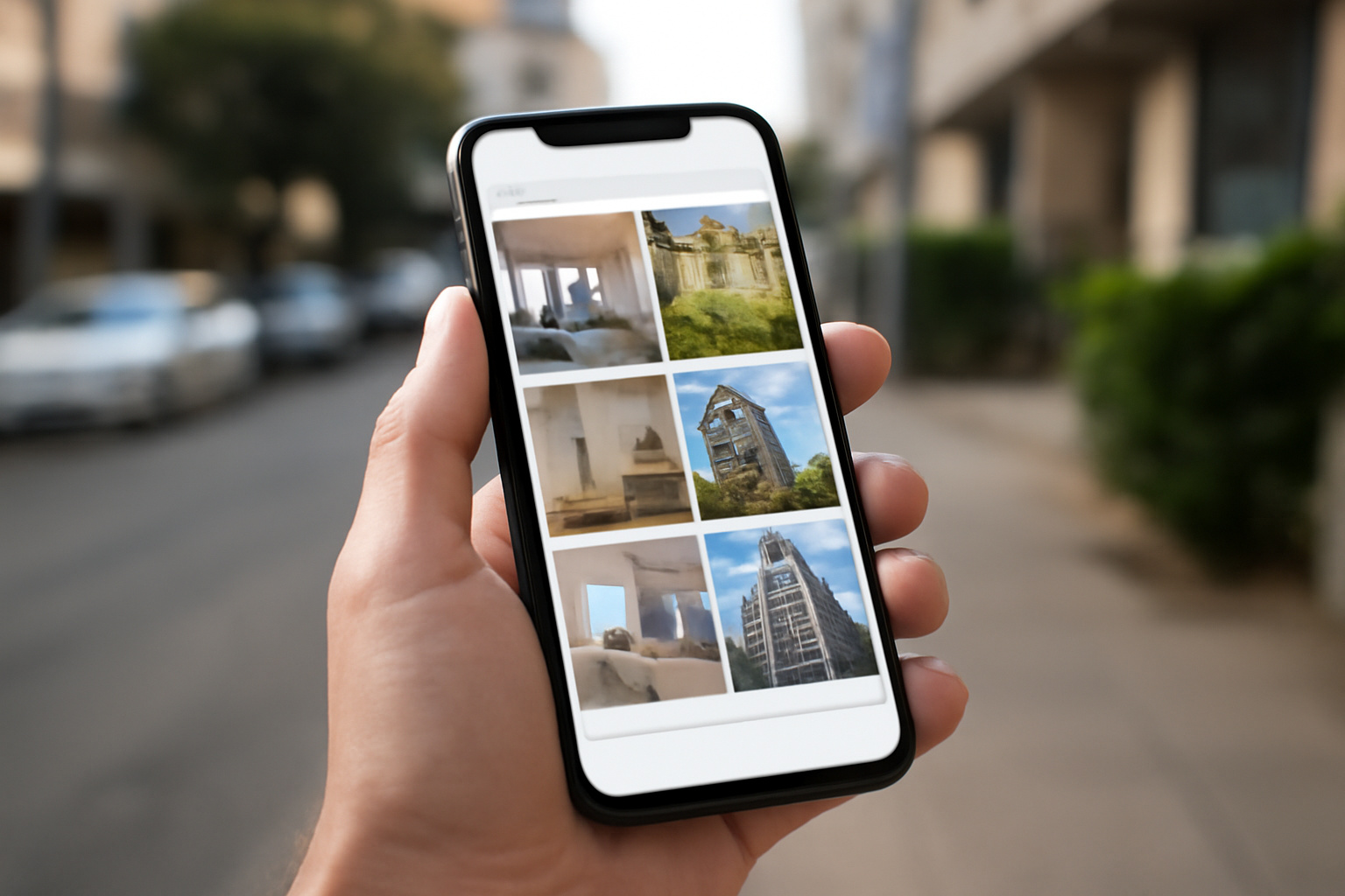 Smartphone exibindo feed de redes sociais com anúncios imobiliários em ambiente urbano