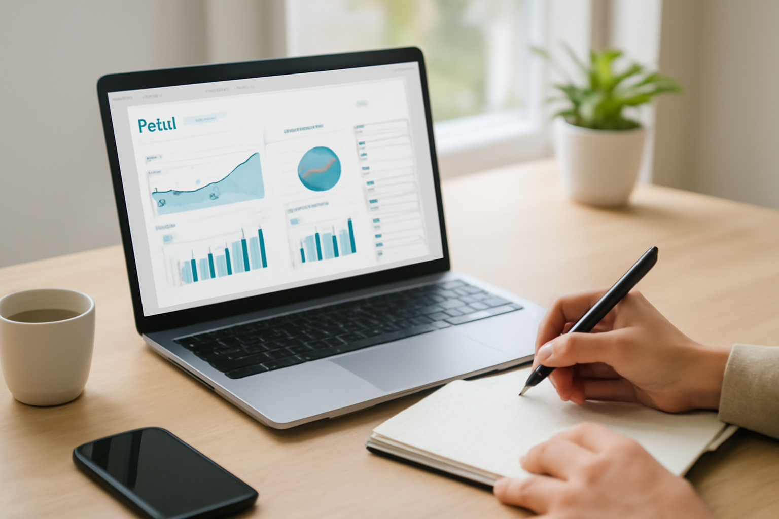 Mesa com laptop mostrando dashboard de CRM imobiliário e pessoa anotando em caderno