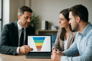 Consultor imobiliário explicando o funil de vendas para cliente em escritório moderno