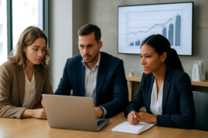 Equipe imobiliária analisando gráficos de desempenho de campanhas em laptop