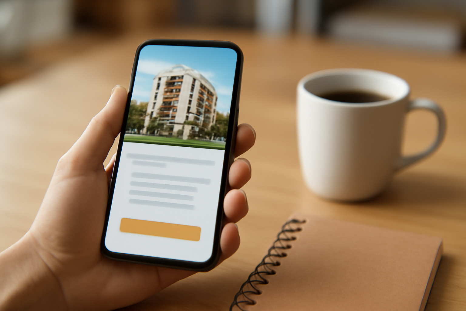Pessoa navegando em landing page de empreendimento imobiliário no smartphone