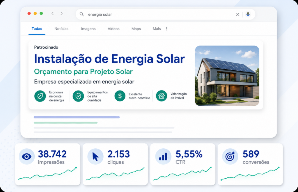 Simulação de anúncio no Google Ads para empresa de energia solar
