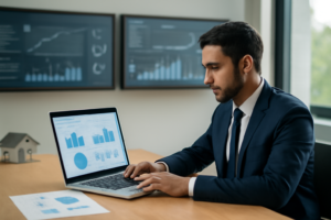 Corretor de imóveis analisando relatórios digitais com duas telas