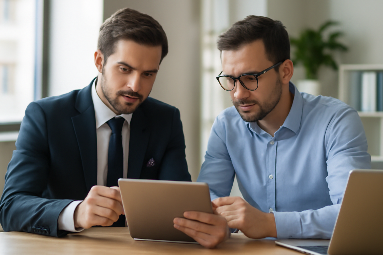 Corretor e gestor de tráfego conversando e analisando anúncios em tablet