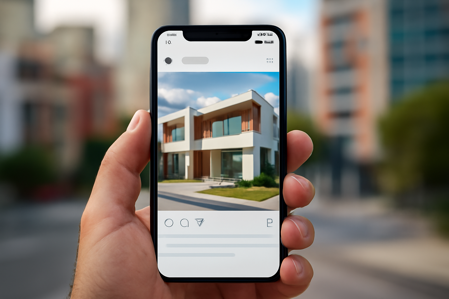 Smartphone exibindo feed de rede social com anúncio de imóvel